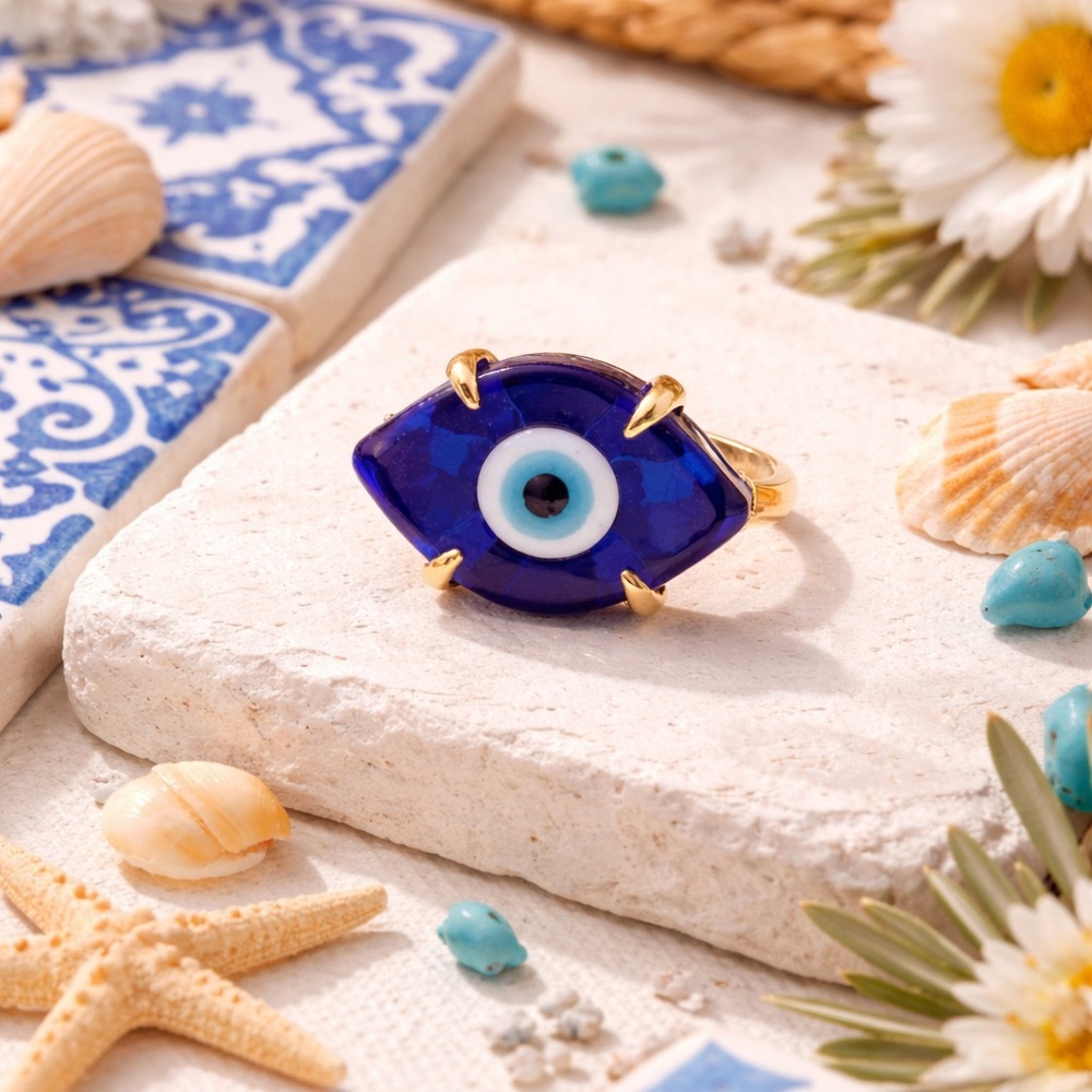 Evil Eye Gold-Trim Blue Glass Statement Ring